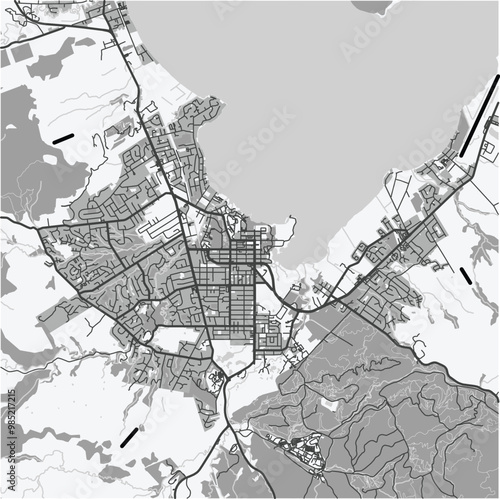 Map of Rotorua in New Zealand in grayscale. Contains layered vector with roads water, parks, etc.