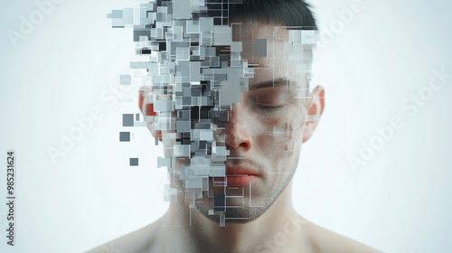 A man's face, eyes closed, partially transforming into digitized square fragments, symbolizing the connection between humanity and digital technology.