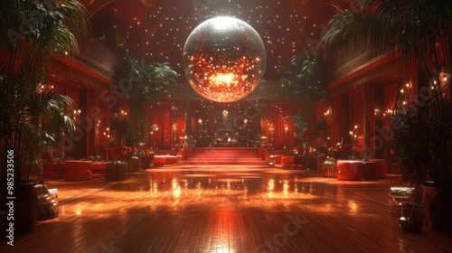 Elegant ballroom with a disco ball and lush decor.