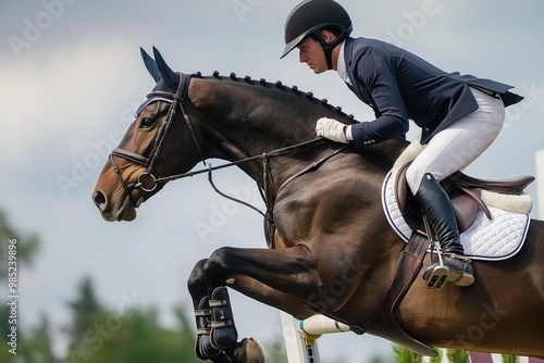 Horse jumping competition with equestrian rider on purebred horse. Rider wearing white uniform jumps over fence, obstacle in course. Beautiful, champion horse performs with skill, agility, and speed.