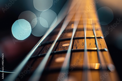 Close-up of bass guitar strings against blurred background. Metal strings, wood fretboard, classic design. Vintage music instrument details. Brown, black colors.