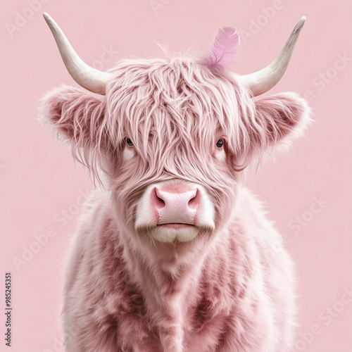 A pink Highland cow stands out against a pastel pink background.