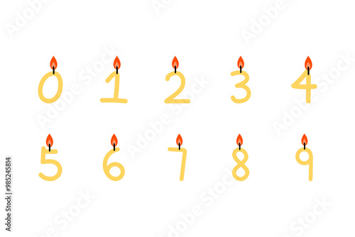 Hand drawn number candle set. Holiday celebration, birthday, event, party, festival concept. Flat decorative vector design isolated illustration.