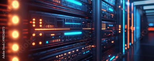 A close-up of server racks in a contemporary data center, each unit glowing with blue LED lights. The clean, organized layout of the room and the advanced technology of the equipment highlight the