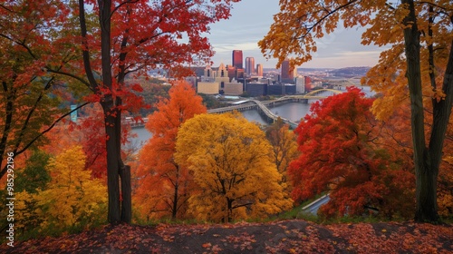 Cityscape surrounded by vibrant autumn trees in Pittsburgh Pennsylvania. Colorful foliage blends with urban architecture. Skyscrapers, buildings, and streets contrast with natural surroundings.