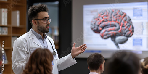 Doctor giving brain anatomy presentation, Medical professional explaining brain function to audience