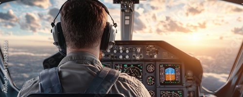 Pilot in cockpit, flying aircraft at sunset, focused on controls and instruments.