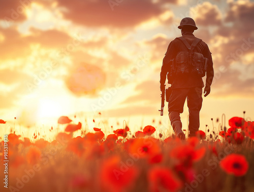 Remembrance Day, Photorealistic image of a soldier’s silhouette at sunset, Soft light highlighting the landscape, Red poppy flowers in the foreground, respectful tribute to those who served 