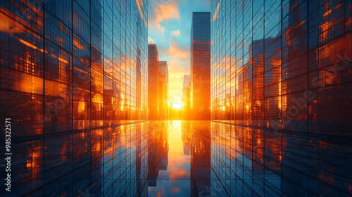 Golden hour light bathes a city street, reflected in the glass buildings.