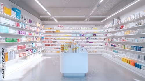 Bright and organized pharmacy interior with a variety of over-the-counter medications