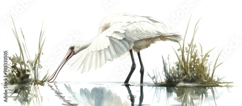 Adult Eurasian Spoonbill Platalea leucorodia engaged in preening behavior while perched