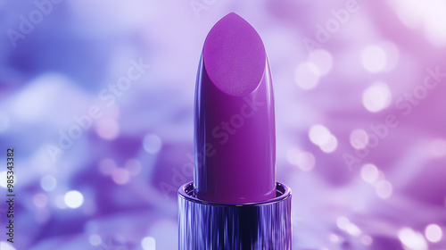 A purple lipstick is on a purple background. The lipstick is shiny and has a purple tint