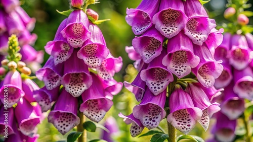 Delicate purple petals and spotted throats adorn vibrant foxglove flowers amidst a sea of emerald green foliage in