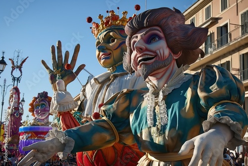 Vibrant carnival parade in Viareggio, Italy. Colorful allegorical floats with creative designs, festive atmosphere, people wearing masks, costumes, dancing, celebrating. Joyful crowd gathered along