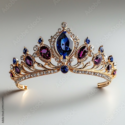 A golden tiara, adorned with blue and purple gems and diamonds, sparkles with royal splendor.