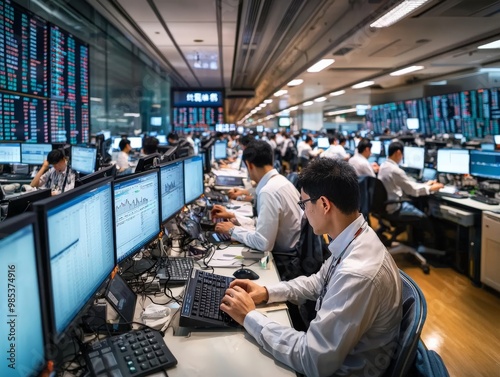 A busy trading floor in Hong Kong, with screens displaying stock prices and businesspeople making rapid decisions