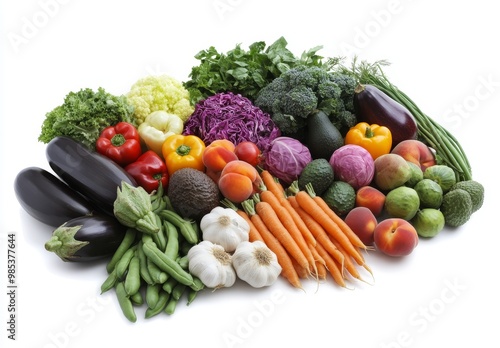 A variety of fresh vegetables and fruits in a wooden crate.