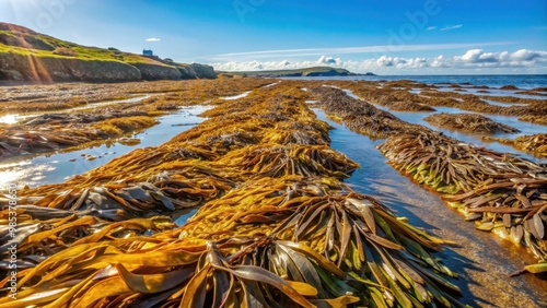 Coastal kelp being spread out to dry in the sun for sustainable seaweed harvesting , coastal, kelp, drying, sun