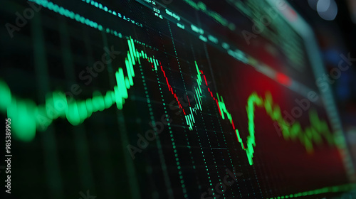 Close-up shot of a stock market chart with green and red lines on a dark background.