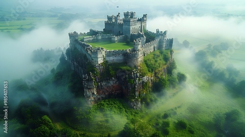 Medieval European castle perched atop a hill with towering stone walls and lush green fields stretching out below shrouded in a light morning mist