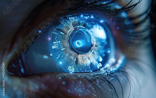 A close-up of a blue eye with futuristic technology glowing in the iris.