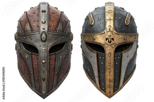 Two ancient warrior helmets with intricate designs, showcasing historical craftsmanship.