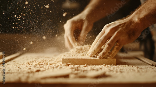 photo of a craftsman working with wood in a workshop surrounded by sawdust and wooden materials demonstrating the process of woodworking carpentry and furniture making highlighting craftsmanship skill