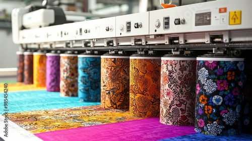 Textile Printing Machine with Colorful Fabric Rolls