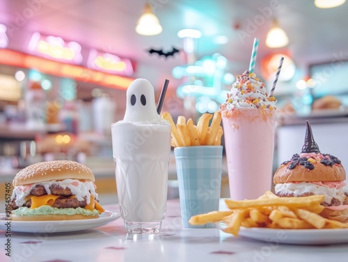 Halloween-themed American diner menu featuring spooky milkshakes eerie ghost burgers