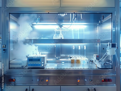 A laboratory fume hood with equipment inside