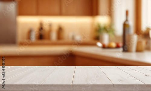 Empty wooden table in front of blurred cafe bar or restaurant. Abstract lights bokeh background, front view, free space for your product.