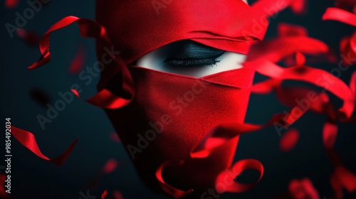 A mysterious figure with a red mask surrounded by flowing red ribbons. Captivating artful portrait with dramatic lighting.