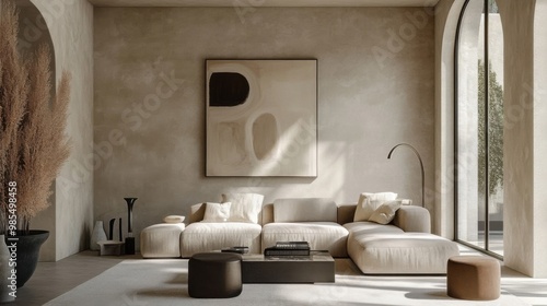 Modern minimalist living room with neutral tones, featuring large beige sofa, abstract wall art, and natural light. space exudes calm and sophistication.