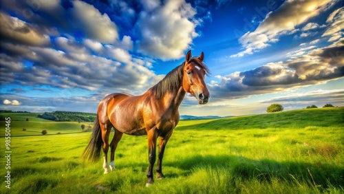 A majestic horse stands in a sunny pasture, the lush green grass swaying gently. Under a bright blue