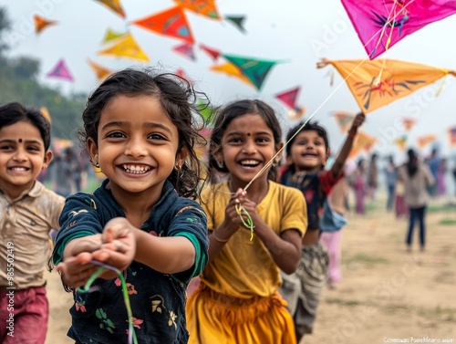 Children flying colorful kites in a wide open field during a community celebration in rural India, with families watching from the sidelines