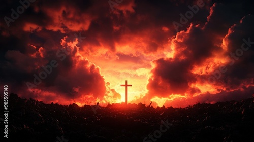 A dramatic sunset with vibrant colors, highlighting a cross in a serene landscape, symbolizing hope and faith.