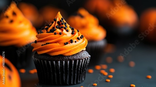 Delicious Halloween-themed cupcake featuring rich chocolate, vibrant orange frosting, and festive black sprinkles.