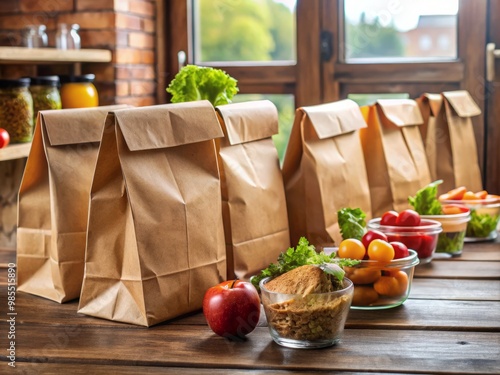 Brown paper lunch bags filled with food are neatly aligned on the table, awaiting lunchtime distribution with