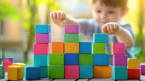 A young boy is playing with a tower of colorful blocks