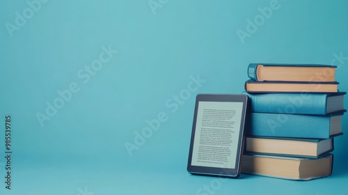 A contemporary ebook reader is positioned next to a carefully arranged collection of hardcover books against a serene light blue backdrop, showcasing both traditional and digital reading