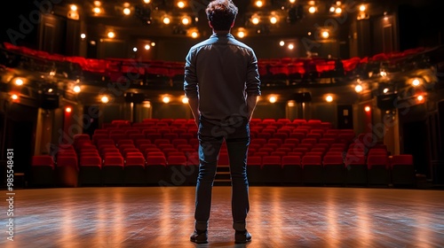 A performer stands alone on stage, illuminated by stage lights, ready to captivate the audience with a powerful performance.