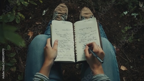 A person sits in nature, journaling thoughtful reflections using mental health prompts, focusing on the serene surroundings and their writing process