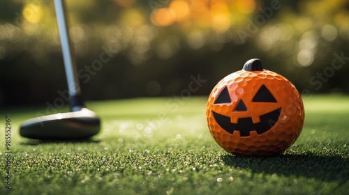 The vibrant pumpkin-shaped golf ball sits on lush green grass, adding a festive touch to the golf course as autumn colors begin to emerge