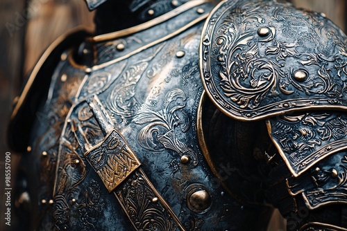 A detailed view of elaborate historical armor, featuring intricate designs and a gleaming surface, contrasted by a textured wooden backdrop.