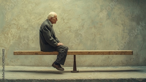 Elderly man sitting alone on a balanced seesaw symbolizing the aging population and societal imbalance