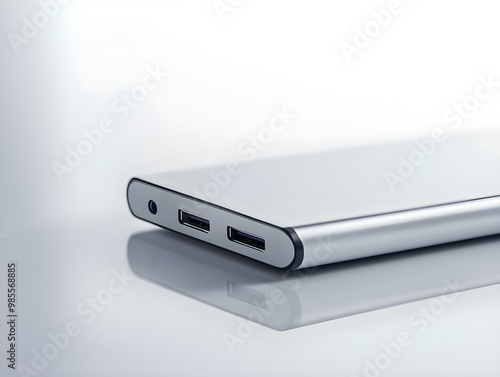 A white portable power bank with two USB ports for charging devices