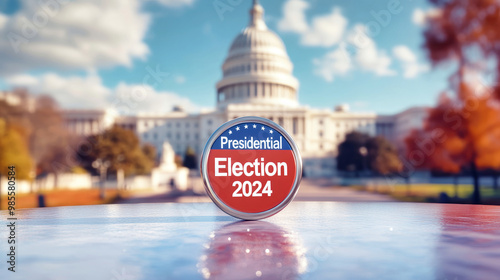 A striking representation of democracy, showcasing a voting button for the 2024 presidential election with the majestic US Capitol and American flag in the background