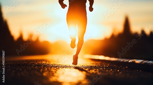 a person in the middle of a race, striving to reach the finish line, with bright light, 