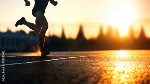 a person in the middle of a race, striving to reach the finish line, with bright light, 