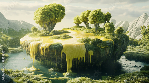 Lush green island with flowing yellow streams in a fantasy world